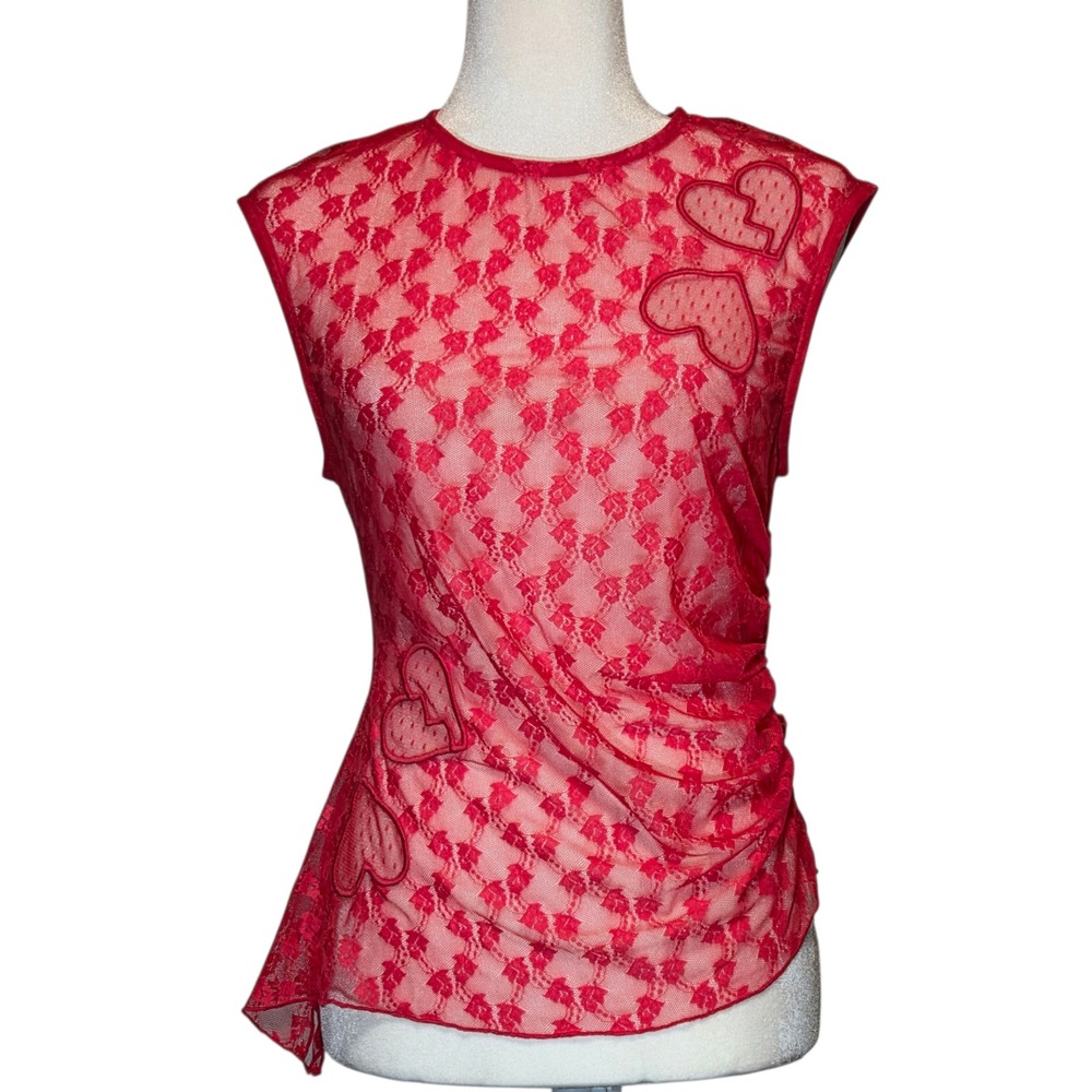 Wild Fable Red Sheer Lace Top Y2K Style Hearts Coquette Romantic Womens Small